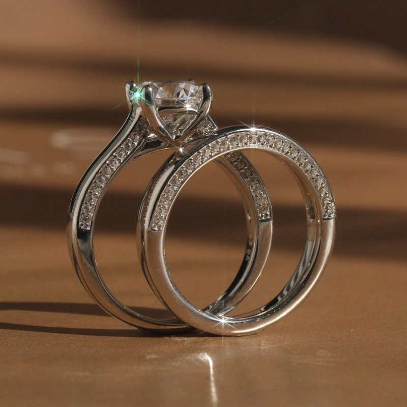 2pcs Women's Zirconia Engagement Ring Set, Copper Base, April Birthstone Finish